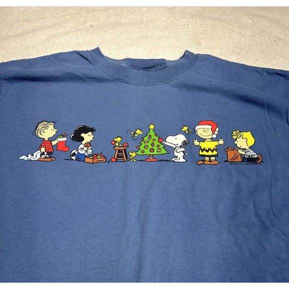 Vintage Y2K Peanuts Charlie Brown Christmas Snoopy Blue T-Shirt Men's Size Large - Picture 2 of 7